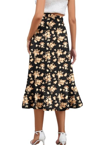 LYANER Women's Boho Floral Print Wrap Front Self Tie Knot Ruffle Hem Split Midi Skirt2