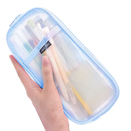 Image of Sonuimy Clear Mesh Pencil Case Pouch, Clearly Visible Grid Pen Cases Organizer For Adult, Zipper Transparent Stationary Makeup Bag for Travel Office College-Blue