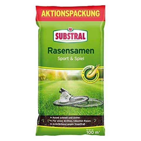 Substral Rasensamen Sport und Spiel, strapazierfähige Rasensaat-Mischung mit Grünfärbung gegen Vogelfraß, 2kg, 100m² Cover