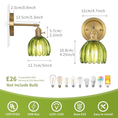 Image of Vintage Wall Sconces Set of 2 Corded Wall Sconce Indoor Wall Mount Lamp with Tulip Glass Shade 180Adjustable Victorian Art Wall Light with Twist Switch for Bedside Doorway (Green, Hardwired)