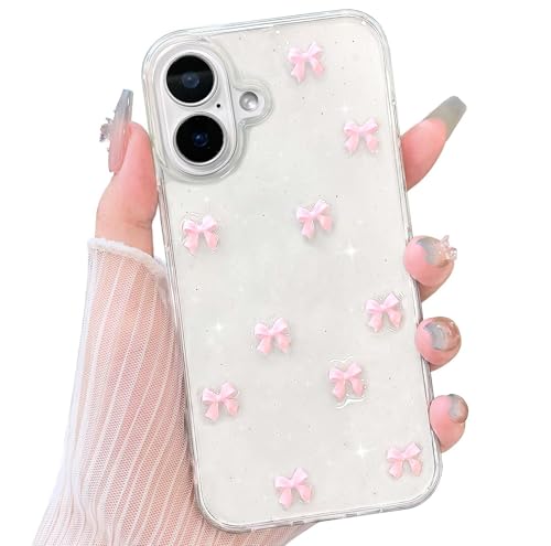 NITITOP Cover per iPhone 17 Carina 3D Fiocco Trasparente con Paillettes Traslucida Glitter per Ragazze Femminile Anti Ingiallimento Custodia con Antiurto - Rosa Fiocco