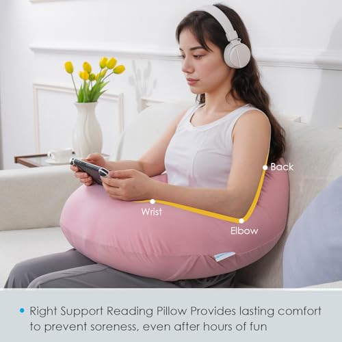 Image of QUEEN ROSE Reading Pillow for Gaming, Lap Desk Pillow for Sitting in Bed or Sofa, Compact Arm Support Pillow for Reading, Playing or Crocheting, Cooling Pink