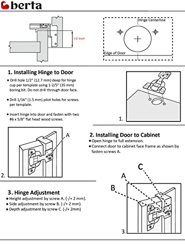 Berta (50 Pieces) 1/2 Inch Overlay Soft Closing Face Frame Cabinet Hinges, 105 Degree 6-Ways 3-Cam Adjustment Concealed Kitchen Cabinet Door Hinges With Screws (1/2 In. Overlay, 50 Pieces) #TOP2