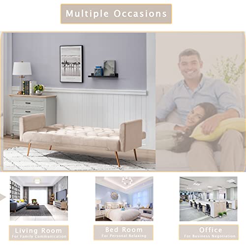 Kinffict Velvet Futon Sofa Bed With 2 Pillows, Convertible Sleeper Sofa Couch With 3 Angle Adjustable Backrest, Modern Loveseat With 4 Golden Metal Legs For Living Room And Bedroom (Beige) #TOP5