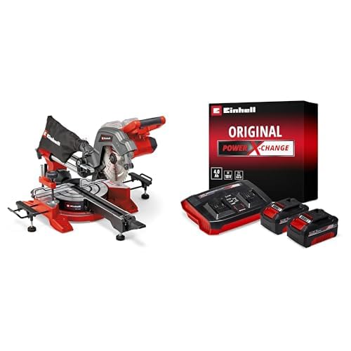 Einhell Sierra de tracción, vaivén e inglete con batería TE-SM 36/8 L Li-Solo Power X-Change 36V, hoja de sierra Ø 216 + Einhell Starter Kit 2 x 4 Ah Battery + Twincharger 18 V