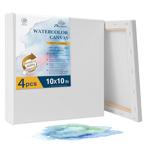 PHOENIX Professional Stretched Watercolor Canvas - 10x10 Inch/4 Pack 100% Cotton Water Color Canvases for Painting 8 Oz. / 260g White Blank Medium Texture Canvas for Water Based Paints