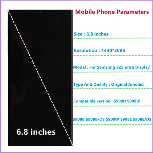 Tela LCD de reposição original de 6,8 polegadas para Samsung S22 Ultra Display Touch Screen Digitali