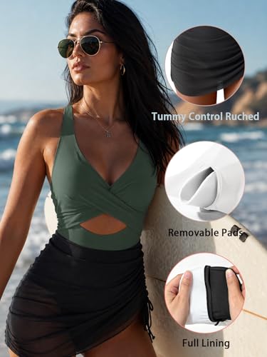 Image of B2prity Women Mesh One Piece Swimdress Swimsuit Tummy Control V Neck Cutout Bathing Suit Wrap Drawstring Sarong Swimwear