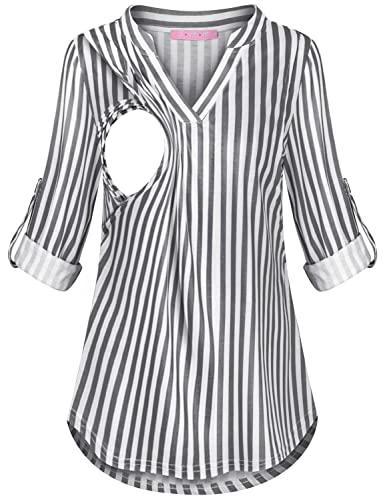 Joymom Maternity Rolled Long Sleeve Nursing Tops Tunic Blouses Breastfeeding, A Grey White Stripe, Small