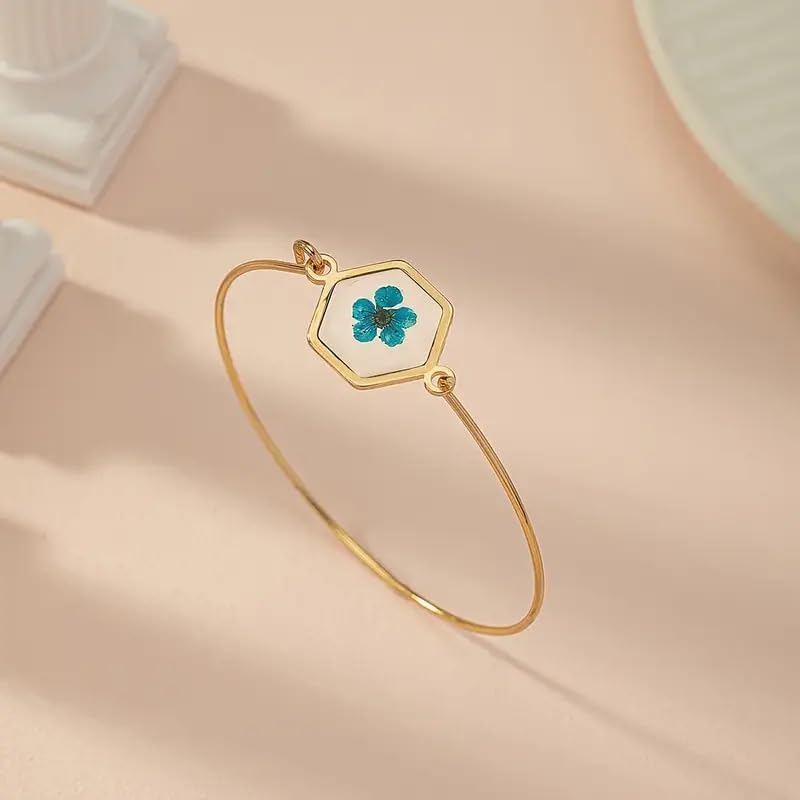 Isla & Wren Co. Pressed Flower Gold Bangle Cuff Bracelet, Gold-Tone Open Bangle, Dried Flower Accent - Metal 14K Jewelry Gift Quality Unique Blue Floral - Image 6