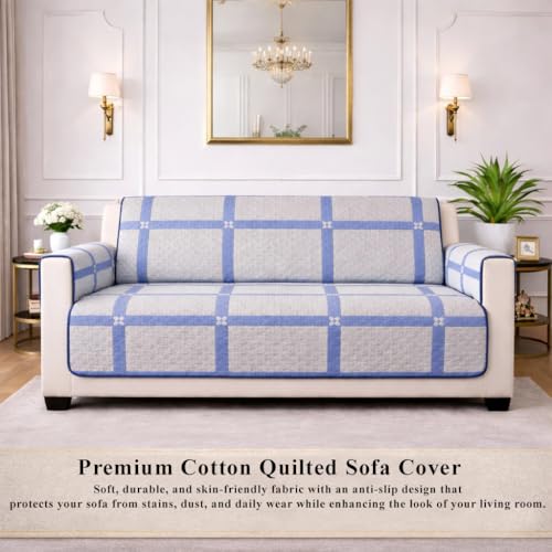 Image of STITCHNEST 'Double Vie Collection Series' Cotton Quilted Reversible Sofa Cover 1 Seater with Arm Rest and Pocket | Size 24x60 Inch