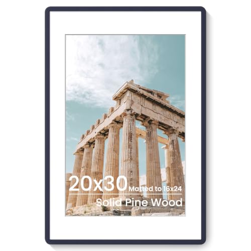 FLYJOE 20x30 Poster Frame | Solid Wood Picture Frame | 30x20 Picture Frame With Mat For 16x24 | Tempered Glass And Hanging Hardware Included | Navy Blue Wood Photo Frame (1 Pack)