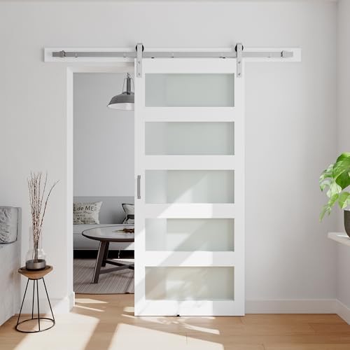 Image of 36in x 84in White Sliding Glass Barn Door with 5-Panel Frosted Glass