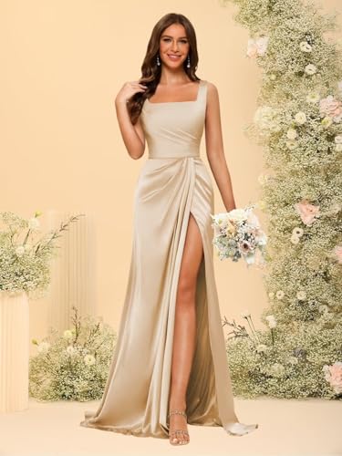Dessiny Women's Spaghetti Straps Mermaid Bridesmaid Dresses 2025 with Slit Ruched Satin Formal Evening Dress DE3713