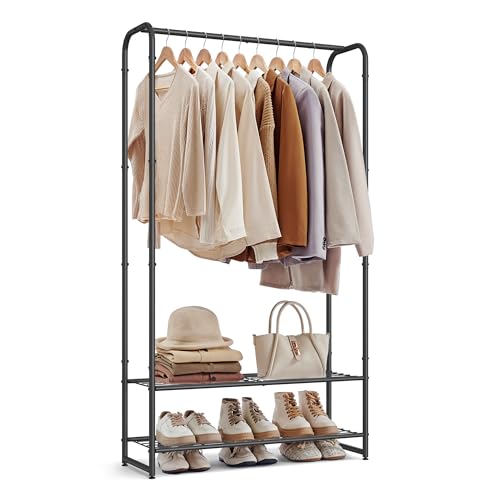 SONGMICS Wardrobe Closet, 44.1 Inch Large Portable Closet, Clothes Rack for Hanging Clothes,Heavy Duty Garment Rack, Storage Organizer with Shelves, 44.1 x 11.4 x 62.4 Inches, Black ULGR462B