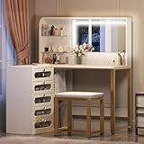 DWVO Makeup Vanity Desk with Lights and Mirror, 48' L Shaped Corner White Vanity Set with Stool, Adjustable 3 Lighting Mode, 5 Acrylic Visualized Drawer, Bedroom Large Dressing Table for Women