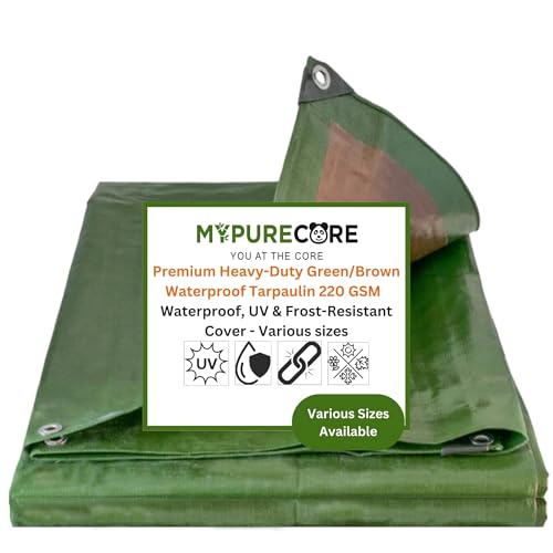 MYPURECORE Heavy-Duty Tarpaulin 220 GSM Waterproof Dual-Colour Green/Brown Reinforced Eyelets Every 50cm Ideal for Camping Garden Greenhouse Outdoor Furniture Trailers & Sheds (2m x 2m)