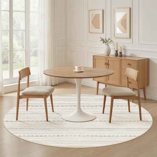 Nakagishi Round Rug Boho Area Rugs: 8x8 Washable Large Circle Neutral Soft Stain Resistant Non-Slip Carpet for Women Aged 25-45 Farmhouse Decor Enthusiasts - Living Room Bedroom Dining Room Nursery