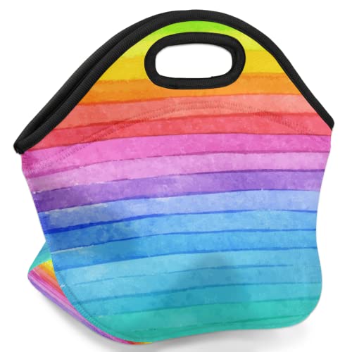 Rainbow Color Stripe Neoprene Lunch Bag, Watercolor Painting Soft Insulated Lunch Box Tote Container Cooler Warm Picnic Bags For Women, Men #TOP1