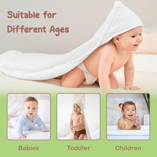 Image of 100% Organic Cotton Muslin Baby Hooded Towel, 32 x 32 in, White, 2 Pack, Soft Absorbent 4-Layer Hooded Bath Towel for Newborns, Infants, Toddlers, Boys, Girls, Oeko-TEX