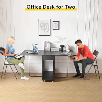 Folding Table and Chair Set, Space-Saving Dining Table and 2 Chairs, Padded Steel Frame Folding Dining Chairs Matched with Dining Table with Extra Large Storage Space and 2 Drawers (Black)
