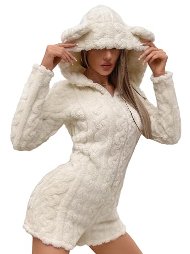 WDIRARA Women's Flannel Zip Up Hooded Romper Fleece Fuzzy Long Sleeve Warm Jumpsuit Shorts Beige Medium