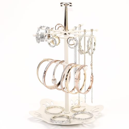 Mejores review On-line Estantes adicionales metálicos del mes. 37 AKAMGOLLA - Organizador de joyería con bandeja redonda de metal para anillos, collar, arete, pulsera, torre, estante de almacenamiento para colgar árbol (marfil)