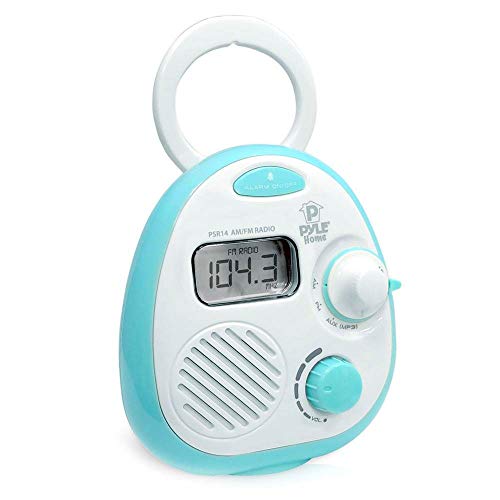 Pyle PSR14 Splash-Proof Water Resistant Mini Digital AM/FM Radio Alarm Clock with LCD Display and 3.5mm AUX Input, Digital