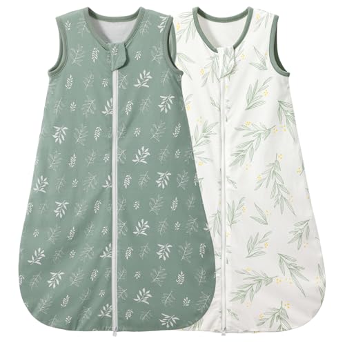 Duomiaomiao Baby Schlafsack Sommer 1.0 Tog-100% Baumwolle 2er Pack Sommerschlafsack Herbst Babyschlafsack 100 cm für Mädchen Jungen Neugeborene 18-36 Monate (Grüne Blätter)
