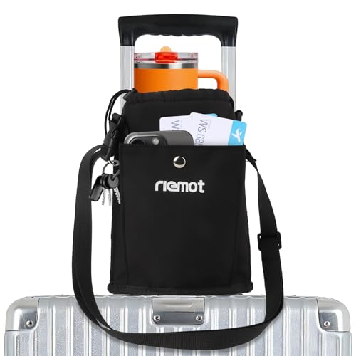 riemot Luggage Cup Holder with Strap Travel Drink Holder with Phone Pocket Hands Free Suitcase Drink Carrier Fits Stanley 40oz Cups Luggage Accessories for Travel Airport Convenience