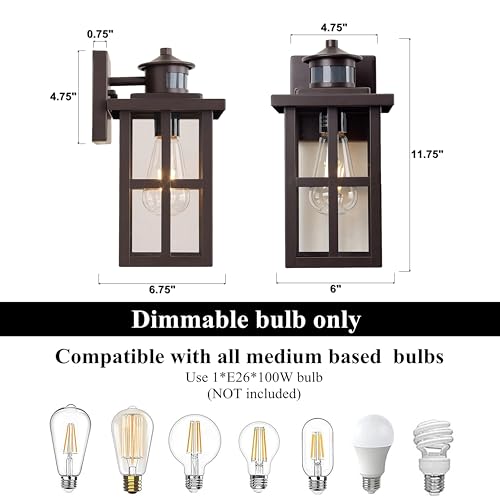 Image of MICSIU Bronze Motion Sensor Outdoor Wall Light 2 Pack, 11.75 inch Farmhouse | 3 Modes Dusk to Dawn Exterior Wall Sconce, Clear Glass Anti-Rust Porch Light for House, Garage