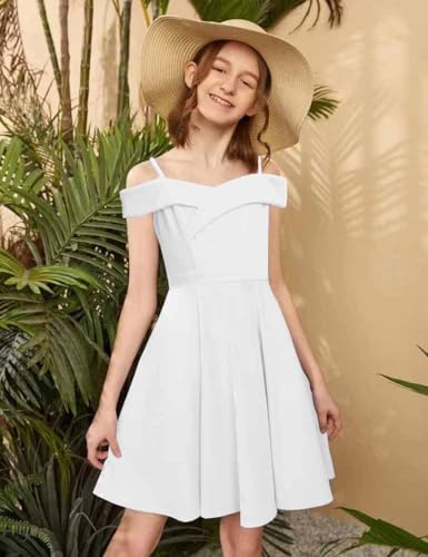 Girls Elegant Princess Cold Shoulder Fold Pleated High Waist Flared A Line Party Dresses2