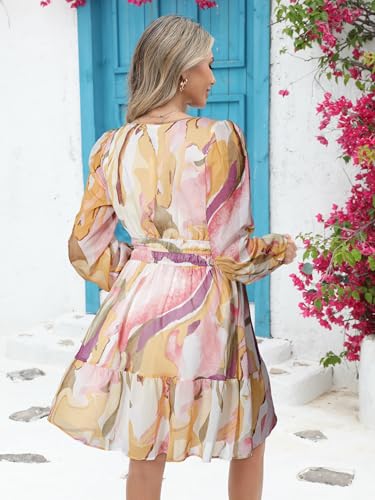 Image of Simplee Womens Spring Floral Mini Dress Long Sleeve Boho Chiffon Short Dress Casual Flowy Fall Wedding Guest Dresses