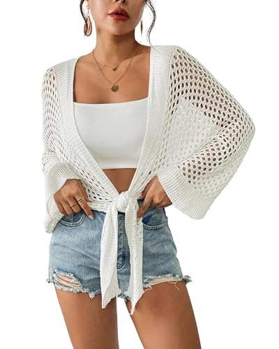 Eddoyee Women Crochet Swimsuit Cover Up Hollow Out Half Sleeve Bathing Suit Coverup Open Front Batwing Top White