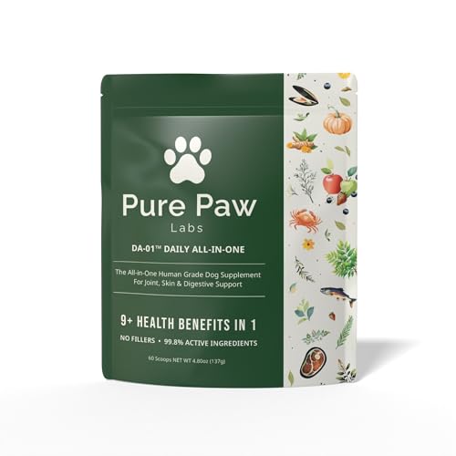 Pure Paw Labs DA-1 Daily All-in-One Dog Supplement for Allergies, Joints, Probiotics and Skin/Coat. Human Grade, Multivitamin, No Fillers or Artificial Additives.