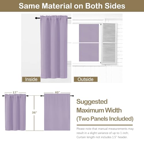 Image of Lavender Blackout Curtains for Small Window Treatment, Light Blocking Short Kitchen Window Curtains Over Sink, Dual Rod Pocket Half Window Tiers for Bathroom Basement, 2x40Wx36L Inches