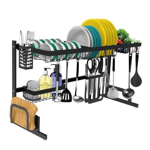 Adjustable Over-The-Sink Dish Drying Rack, 2-Tier Stainless Steel Dish Drainer with Hooks - Space-Saving Kitchen Organizer
