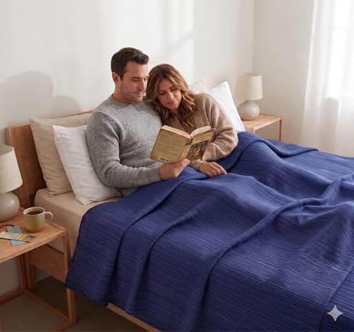 Image of THARUNSHA ELITE 100% Natural Pure Cotton All Weather Blanket /Solapur Bedsheet /Top Sheet /AC Comforter Elegant Design- Single Size (60 inches x 90 inches) Set of 1 (Dark Blue)