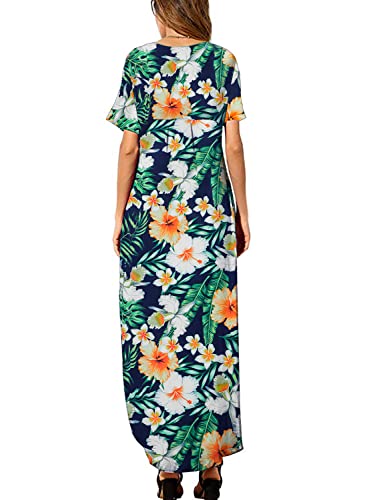 Huskary Women's Summer Maxi Dress Casual Loose Pockets Long Dress Short Sleeve Split Dresses #TOP1