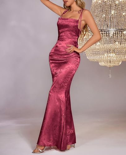 Image of GLNEGE Wedding Guest Maxi Prom Dress Lace Up Satin Formal Dresses for Women | Spaghetti Strap Cocktail Elegant Bridal Shower Wgute Dress Bodycon Mermaid Long Evening Black Tie Dresses for Women