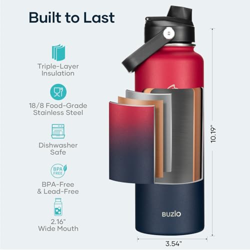 Image of BUZIO Triple Wall Vacuum Water Bottle with Dust-Proof Straw & Spout Lids