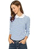 Allegra K Damen Weinachten Shirt Langarm Party Bubikragen Colorblock Streifen Top Bluse Hellblau S