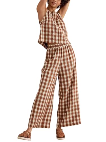 utcoco Womens 2 Piece Outfits Retro Plaid Tank Tops Gingham Wide Leg Pants Lounge Set 2025 Summer Tracksuit