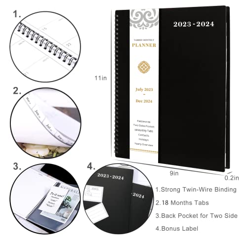 Monthly Planner/Calendar 2023-2024 - Planner, Jul. 2023 Dec. 2024, 18-Month Planner With Tabs & Pocket Label, Contacts And Passwords, 8.5" X 11", Thick Paper, Twin-Wire Binding Black By Artfan #TOP2