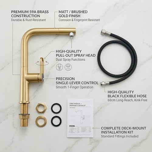 Image of INART Matt Gold Kitchen Faucet - Brass Pull Out Sink Mixer Tap with Dual Flow Sprayer, 360 Swivel Spout & Hot Cold Water Control
