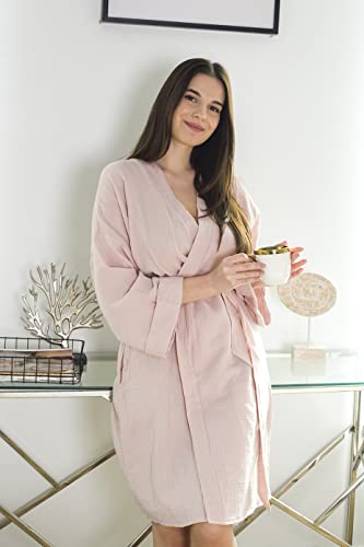 Oblako Womens Lightweight Double Gauze Robes - Soft Summer Short Beach Cover Up Robe - 100% Turkish Muslin Cotton Female Bathrobe (Pinky Beige, X-Large) #TOP1