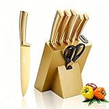 Luxury Gold Kitchen Knife Set，8-Piece Titanium Coated Dishwasher Safe Gold Chef Knife Set,Wooden Block with Built-In Sharpener Housewarming Gift for Kitchen Decor