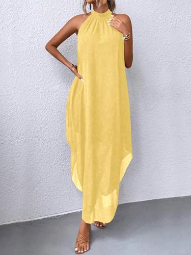 Image of Verdusa Women's Wedding Guest Dress Halter Flowy Chiffon Long Dresses | Cocktail Dress, Asymmetrical Dress for Women, Sleeveless, Prom Dress, Cruise Outfits, Boho