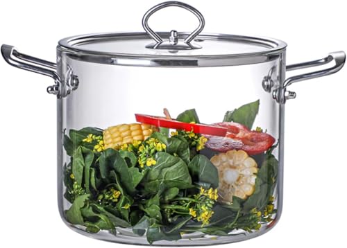 4.5L Olla de Cristal para Cocinar - Ollas de Vidrio Transparente con Tapa Resistente al Calor Utensilios de Cocina para a Fuego Lento con Asas de Acero Inoxidable para Pasta Fideos, Sopa, Leche