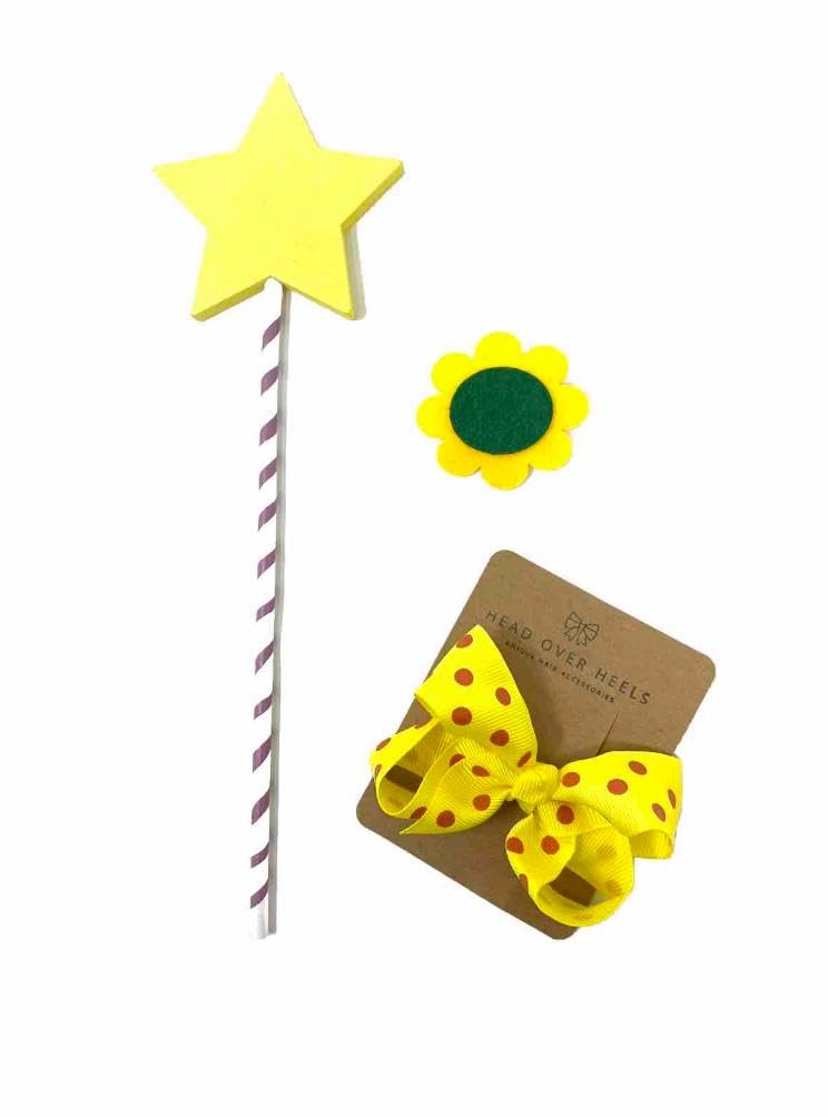 Kids Witch Star Wand, Yellow and Red Polka Dot Hair Clip & Brooch Costume Set – Storybook Witch Dress Up Accessories for Children – Perfect for World Book Day Costume, Halloween & Fancy Dress